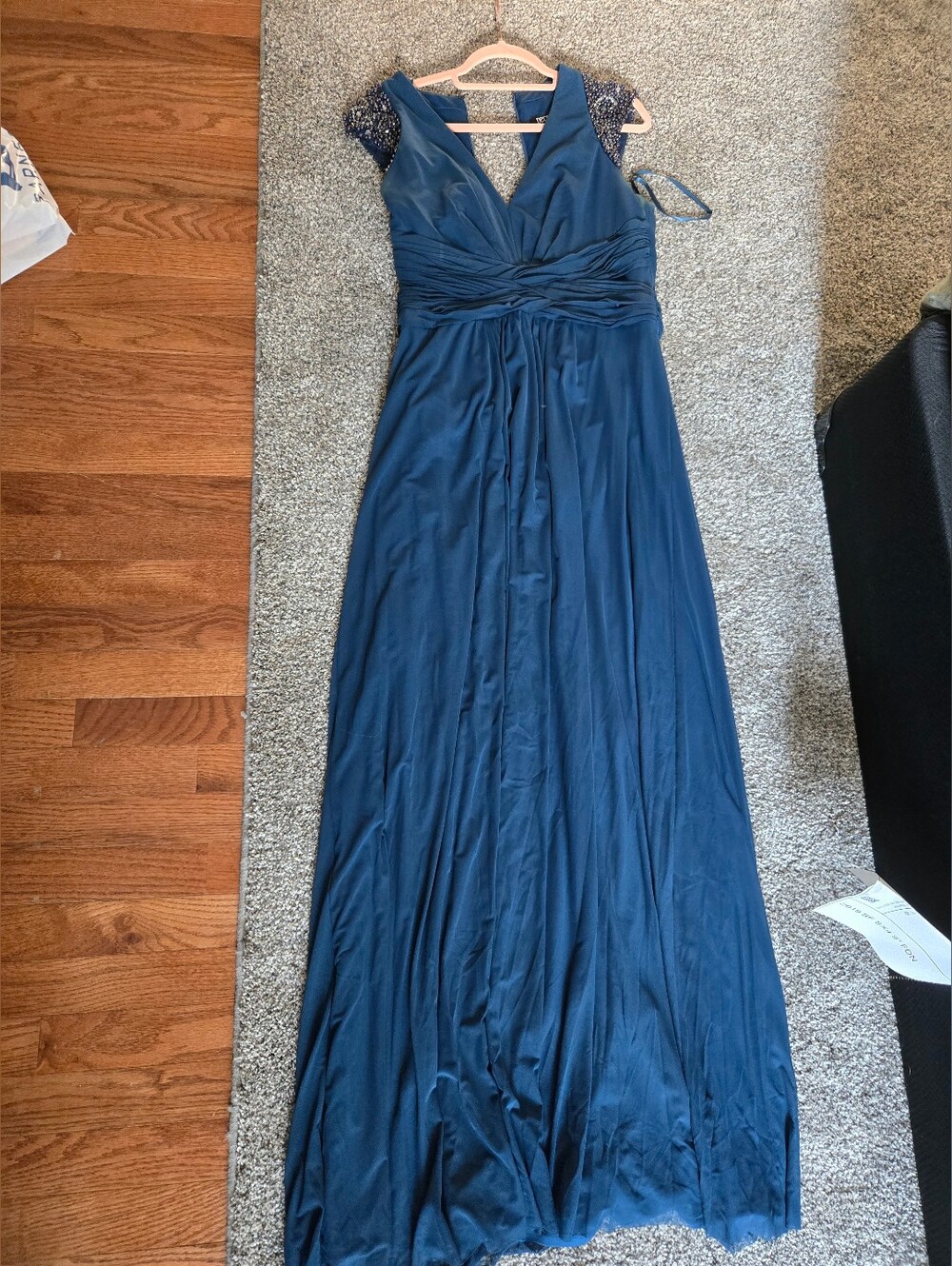 Decode V-Neck Navy Blue Maxi Dress with Beaded Cap Sleeves